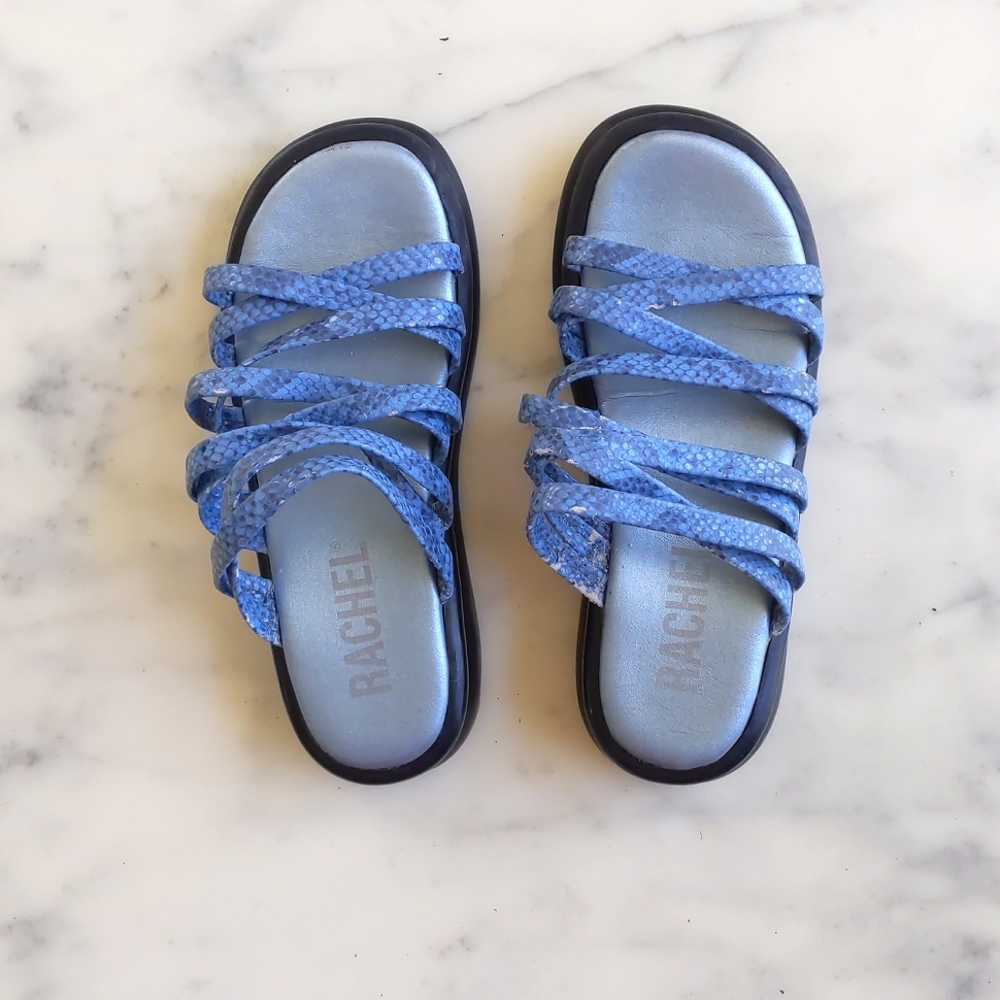 Rachel Blue Animal Print Stripes Sandals with 1.5" bottom.